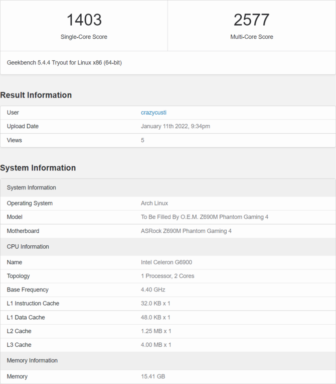 Intel Celeron G6900 podkręcony do 4,4 GHz pokonuje Core i9-10900K w teście jednego wątku w Geekbench [2]