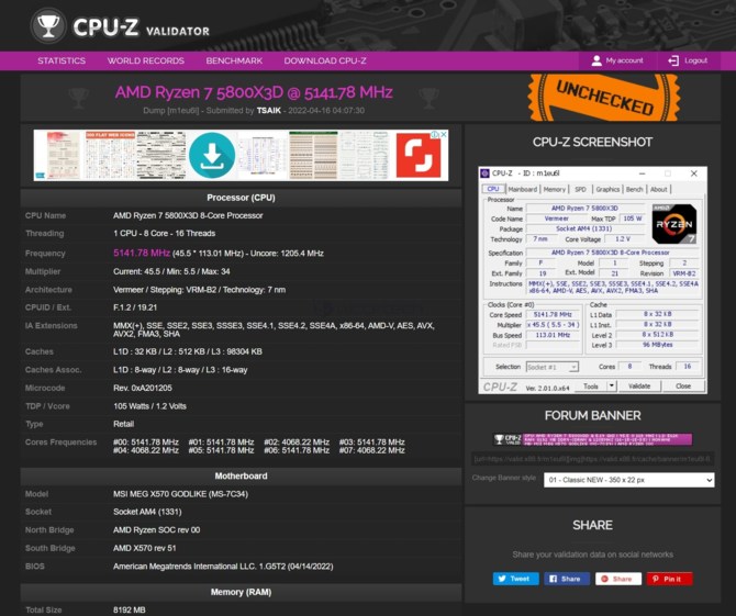 AMD Ryzen 7 5800X3D overclockat la 5,15 GHz pe placa de bază MSI MEG X570 GODLIKE [1]