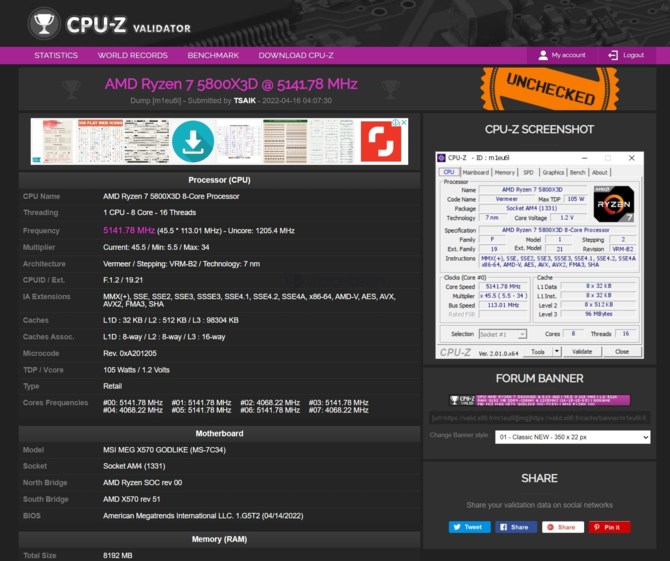 AMD Ryzen 7 5800X3D został podkręcony do 5,15 GHz na płycie głównej MSI MEG X570 GODLIKE [1]