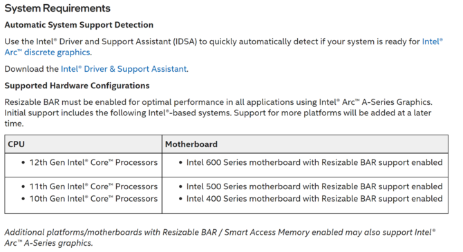 Karty graficzne Intel ARC będą wymagać płyty głównej wspierającej Resizable BAR lub Smart Access Memory [3]