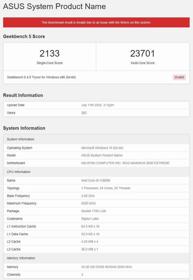 Intel Core i9-13900K przetestowany w popularnym benchmarku. Wpis potwierdza wysokie taktowanie Turbo do 5,7 GHz [2]