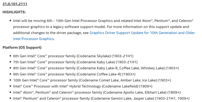 Układy graficzne w chipach Intel Core od 6. do 10. generacji będą otrzymywały znacznie mniej aktualizacji sterowników [1]
