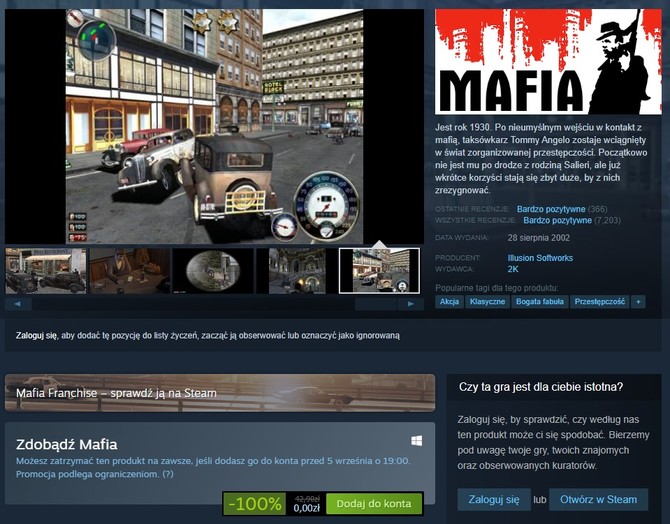 Mafia - pierwsza część kultowej serii gier akcji za darmo do zgarnięcia na Steam. Oferta jest jednak ograniczona czasowo [2]
