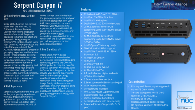 Intel NUC 12 Enthusiast o nazwie Serpent Canyon został oficjalnie zaprezentowany. Na pokładzie Core i7-12700H i ARC A770M [3]