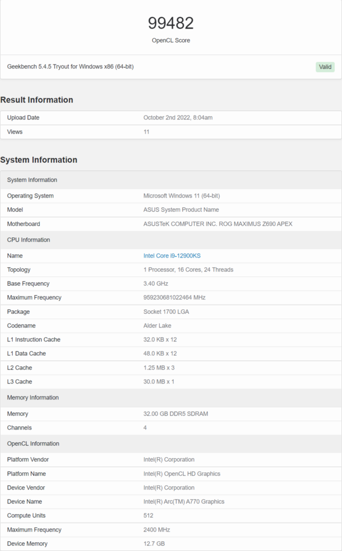 Intel ARC A770 oraz ARC A750 - wyniki kart graficznych w testach OpenCL i Vulkan pojawiły się w bazie GeekBench [4]