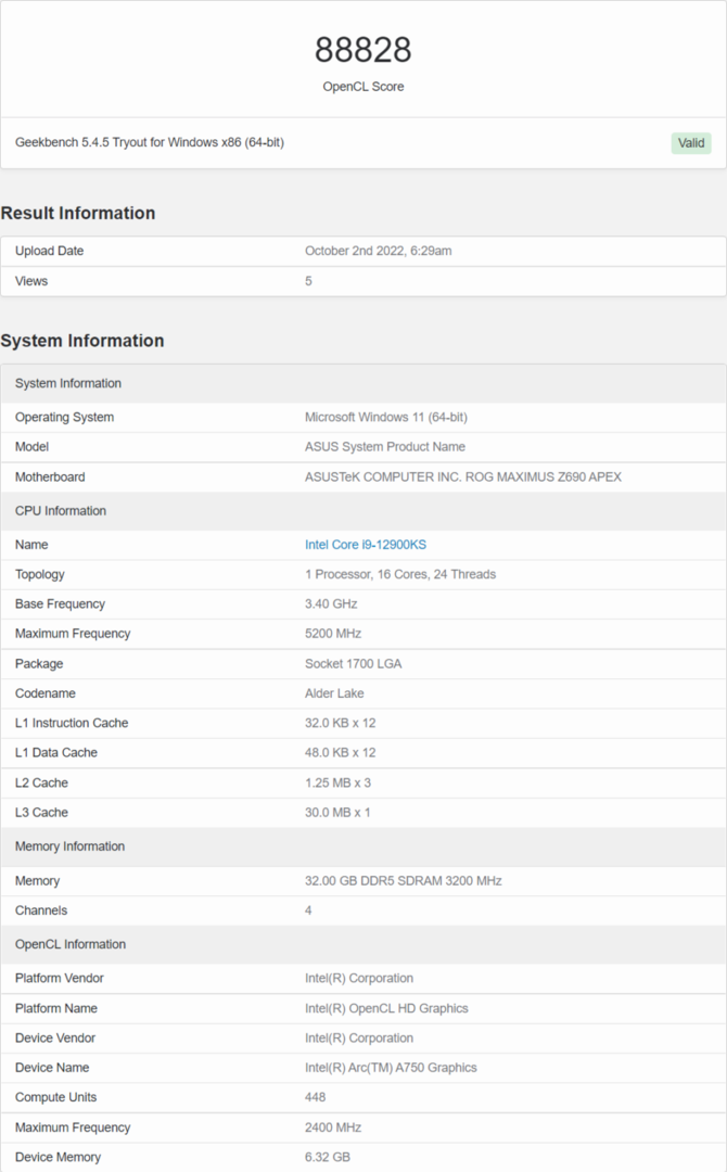 Intel ARC A770 oraz ARC A750 - wyniki kart graficznych w testach OpenCL i Vulkan pojawiły się w bazie GeekBench [5]