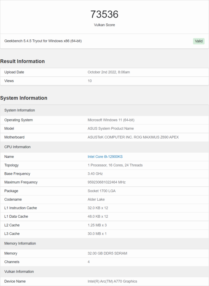 Intel ARC A770 oraz ARC A750 - wyniki kart graficznych w testach OpenCL i Vulkan pojawiły się w bazie GeekBench [6]