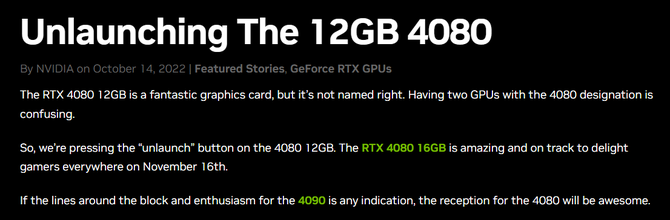 NVIDIA anulowała premierę karty GeForce RTX 4080 12 GB. Producent przyznaje się do użycia mylącego oznaczenia [2]