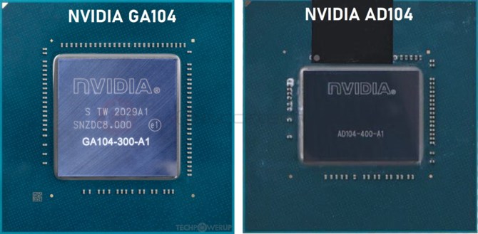 NVIDIA AD104 - rdzeń dla karty graficznej GeForce RTX 4070 Ti uchwycony na pierwszym zdjęciu. Jest znacznie mniejszy od GA104 [2]