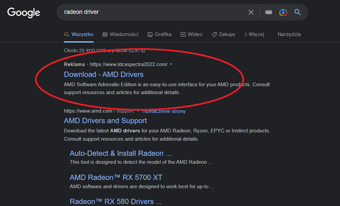 Beware of fake links to AMD Radeon graphics drivers.  Google search can lead you astray [2]