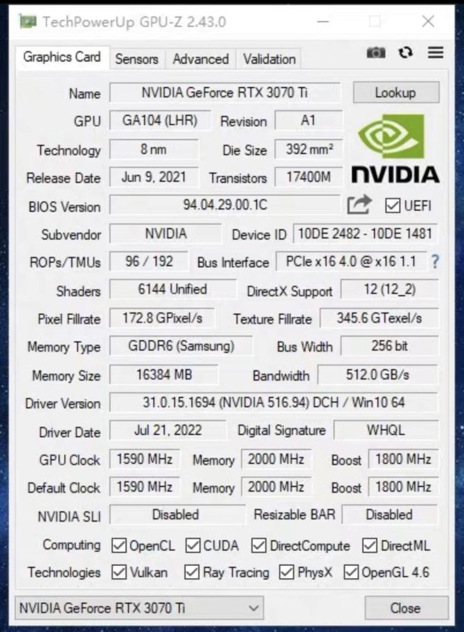 NVIDIA GeForce RTX 3070 Ti 16 GB - The graphics card was already in the manufacturer's plans.  This is its prototype [3]