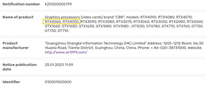 NVIDIA GeForce RTX 4060 i RTX 4050 - karty graficzne zostały zarejestrowane w EEC przez chińską firmę Shangke Group [1]