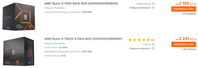 Procesory AMD Ryzen 9 7900X, Ryzen 7 7700X i Ryzen 5 7600X są aktualnie bardziej opłacalne od wolniejszych wersji bez literki X [3]