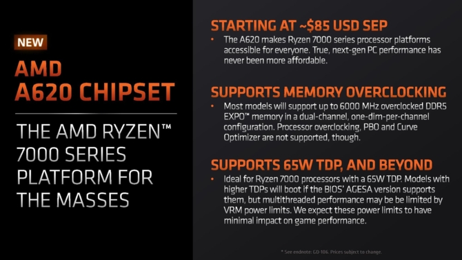 We know the specification of the AMD A620 chipset.  The cheapest motherboards will limit the performance of some AMD Ryzen 7000 processors [5]