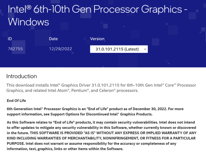 Intel Skylake - procesory Core 6. generacji nie otrzymają już aktualizacji dla zintegrowanej grafiki [1]
