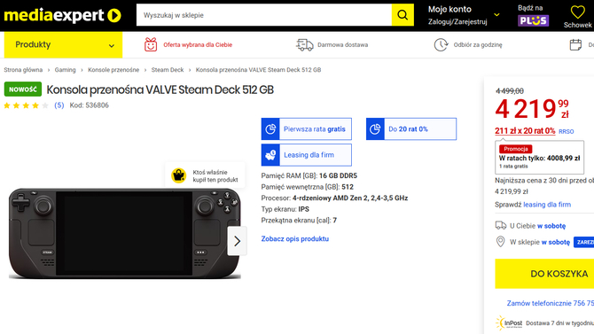 Steam Deck w wersji 512 GB już w Polsce. Sprzedawany jest w polskich sklepach z elektroniką w horrendalnej cenie [3]