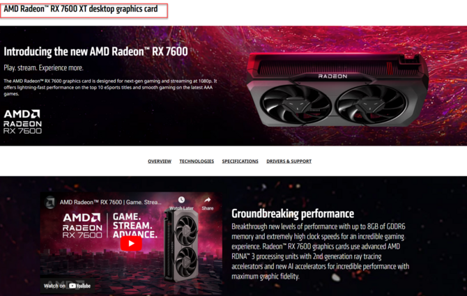 AMD Radeon RX 7600 XT - karta graficzna została wymieniona na stronie producenta. Błąd czy nieśmiała zapowiedź układu? [1]
