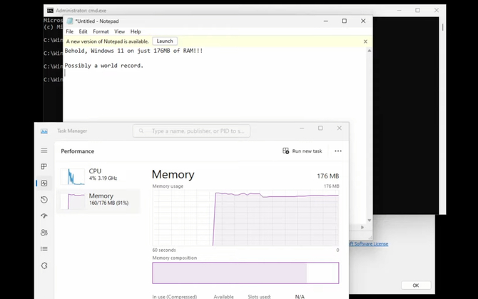 Czy system Windows 11 da się uruchomić na urządzeniu wyposażonym w mniej niż 200 MB RAM? Okazuje się, że tak [2]