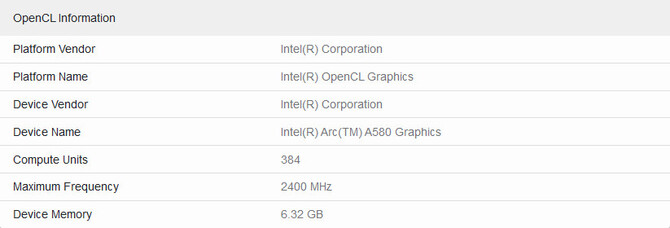Intel ARC A580 - wyciekły kolejne informacje na temat specyfikacji karty i jej wyniki w teście Geekbench 5 OpenCL [3]