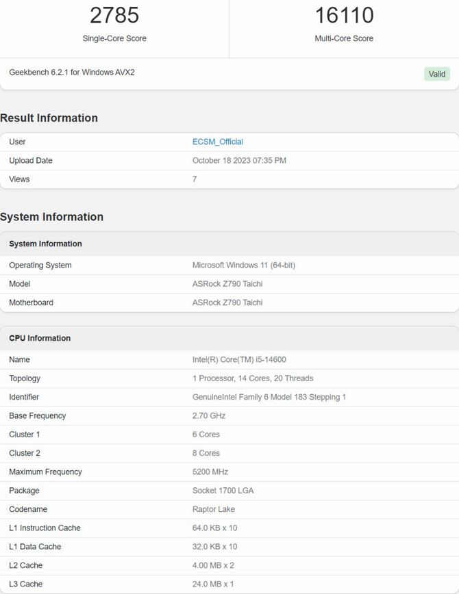 Intel Core i5-14600 oraz Intel Core i3-14100 z bardzo dobrymi wynikami w Geekbench 6 [2]