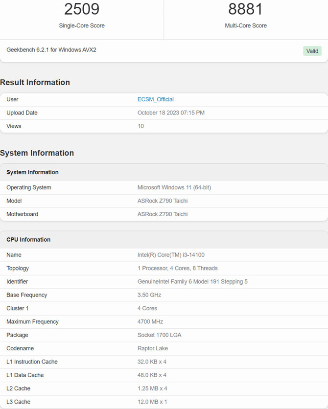 Intel Core i5-14600 oraz Intel Core i3-14100 z bardzo dobrymi wynikami w Geekbench 6 [3]