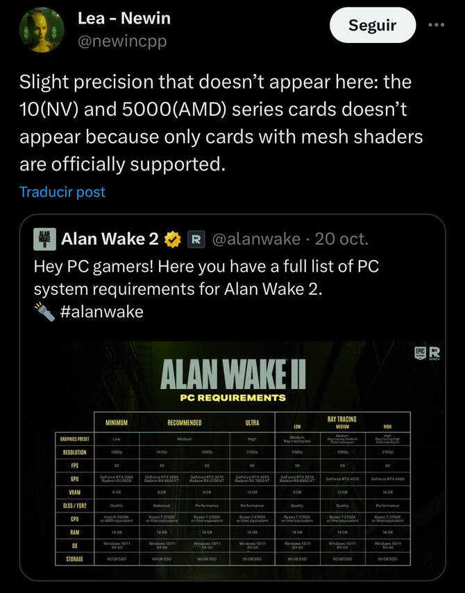 Alan Wake 2 - why are GeForce GTX 1000 and Radeon RX 5000 graphics cards not supported?  There is an important reason [2]