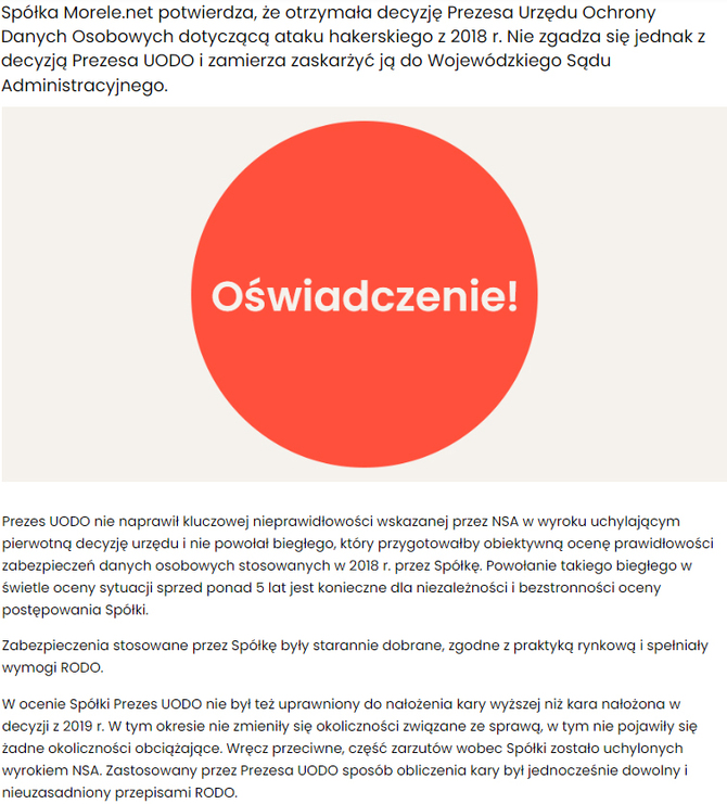 Sklep internetowy Morele.net ponownie ukarany za dawny wyciek danych. UODO nakłada na spółkę niemal 4 mln zł kary [3]