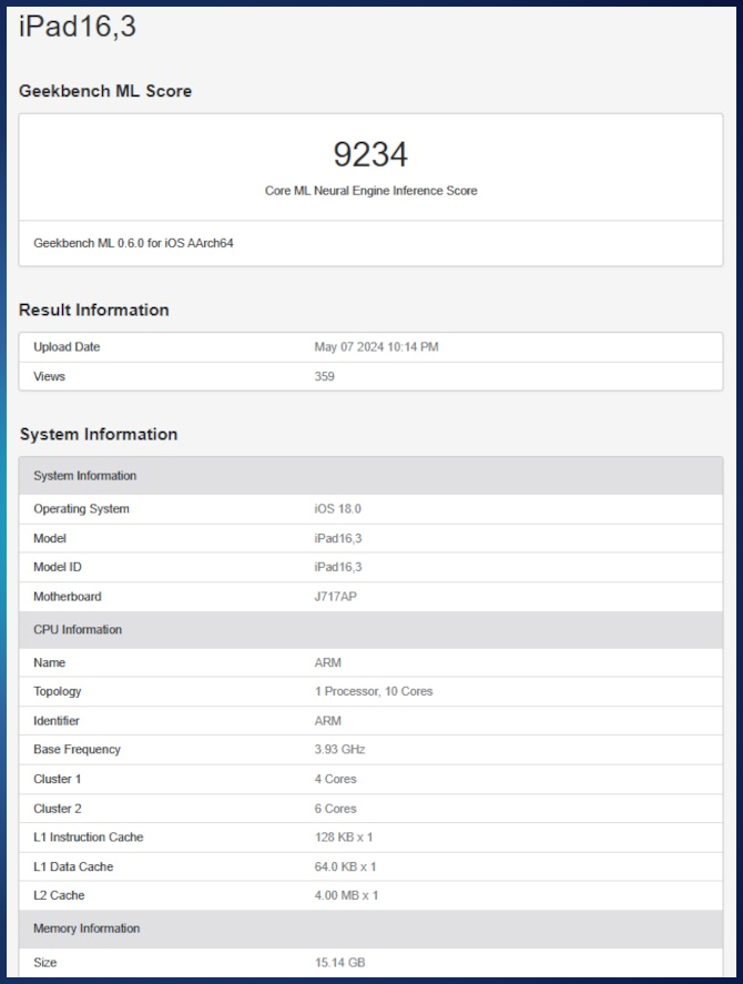 Apple M4 - nowy chip debiutuje w Geekbench ML. Niższe taktowanie od Apple M3, ale lepszy wynik układu NPU w teście ML [2]