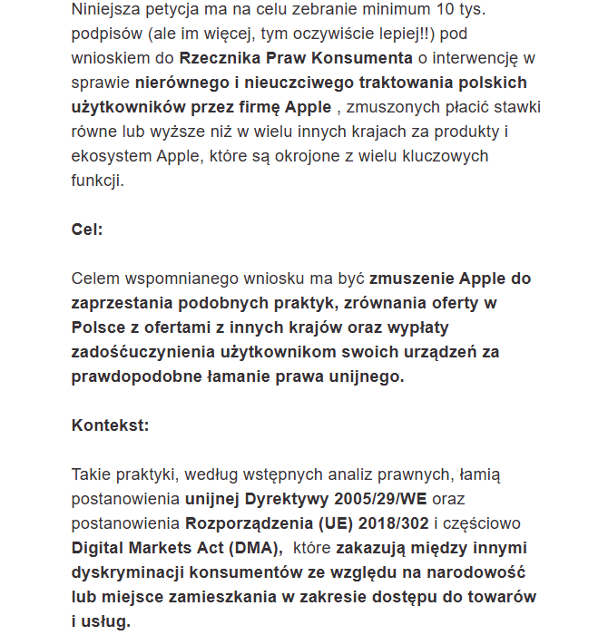 Polscy konsumenci domagają się równego traktowania od Apple. Petycja o nierówności w funkcjonalnościach ma już 16,6 tys. głosów [2]