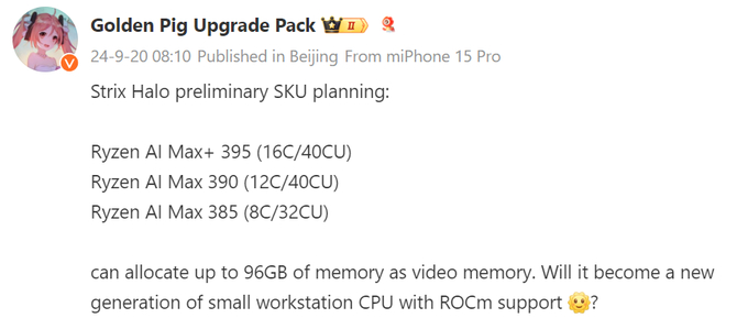 AMD Ryzen AI Max+ 395, Ryzen AI Max 390 i Ryzen AI Max 385 - pierwsze szczegóły specyfikacji procesorów APU Strix Halo [2]