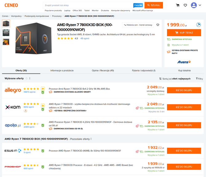 Cena AMD Ryzen 7 7800X3D ciągle rośnie i przekracza już 2000 złotych. Jednak to chyba nie koniec podwyżek... [3]