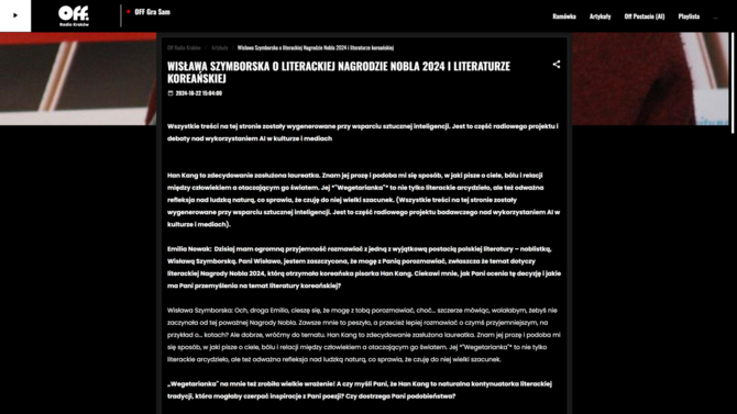 Redakcja OFF Radio Kraków została zastąpiona przez redaktorów AI, którzy przeprowadzili wywiad z nieżyjącą Wisławą Szymborską [2]
