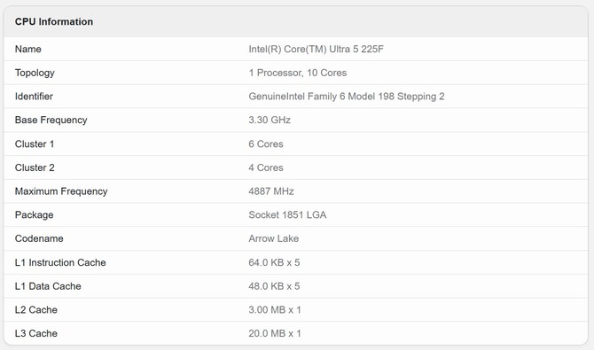 Intel Core Ultra 5 225F - Specyfikacja i pierwsze testy wydajności tańszego procesora Arrow Lake dla rynku PC [3]