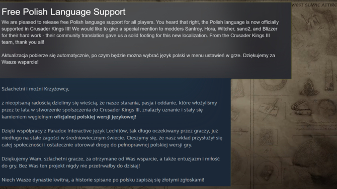 Crusader Kings III - otrzymało oficjalne wsparcie dla języka polskiego, dzięki współpracy twórców z polskimi moderami [2]