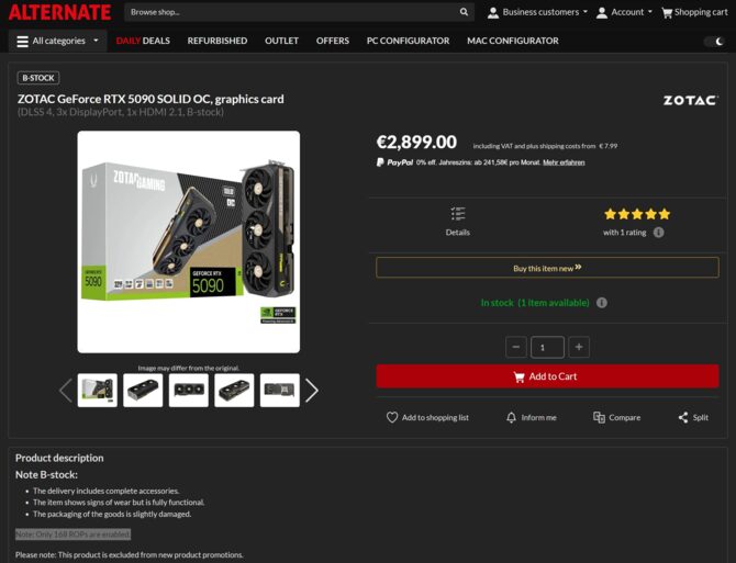 ZOTAC GeForce RTX 5090 SOLID OC dostępny także w wersji ze 168 jednostkami ROP. Niebywała oferta niemieckiego sklepu [2]