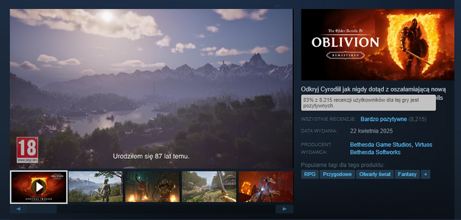 The Elder Scrolls IV: Oblivion Remastered cieszy się ogromnym zainteresowaniem. Gracze docenili odświeżoną wersję gry [4]