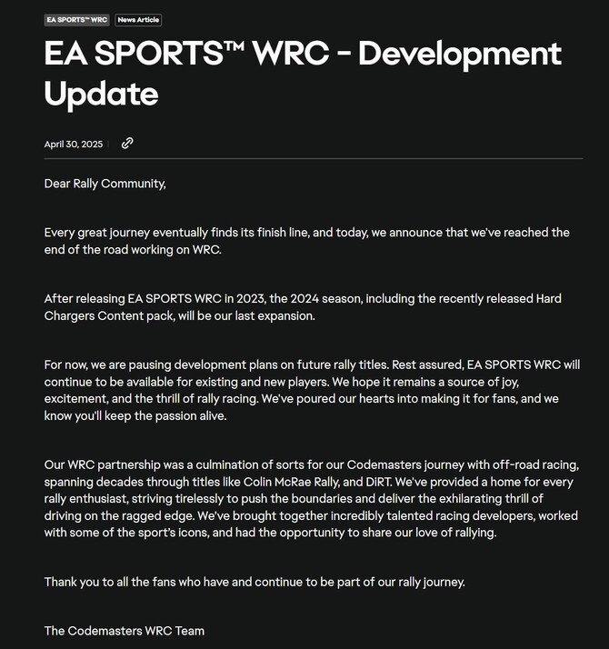 EA Sports WRC nie doczeka się kontynuacji. Dawniej cenione studio Codemasters rezygnuje z kolejnych gier rajdowych [3]