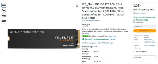 WD Black SN8100 zauważony w sklepie. Najnowszy dysk SSD PCIe 5.0 z odczytem 14,9 GB/s może wkrótce trafić na rynek [2]