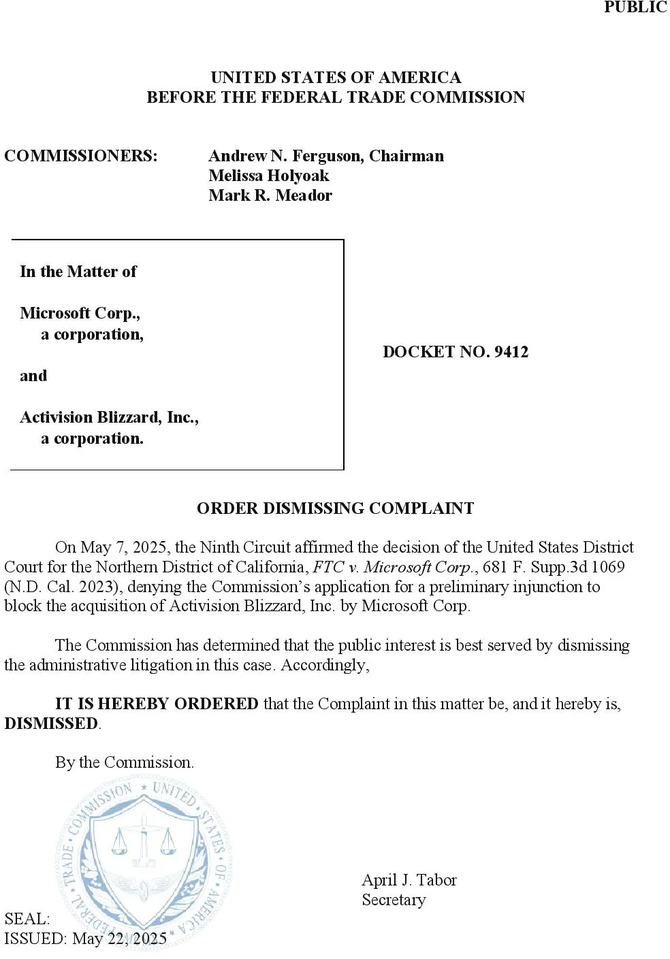 Federalna Komisja Handlu zamyka postępowanie dotyczące przejęcia Activision Blizzard przez firmę Microsoft [2]