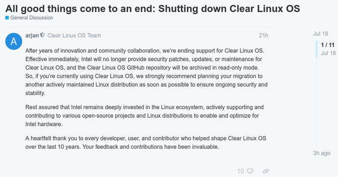 Clear Linux OS - system od Intela przechodzi na emeryturę po ponad dekadzie. Twórcy zalecają szybką migrację do innych dystrybucji [2]