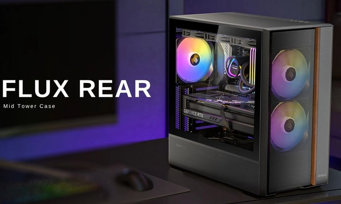 Antec FLUX Rear - przewiewna obudowa z kawałkiem drewna, która ma 5 wentylatorów i podpórkę dla GPU. Stalowa konstrukcja i szkło [1]