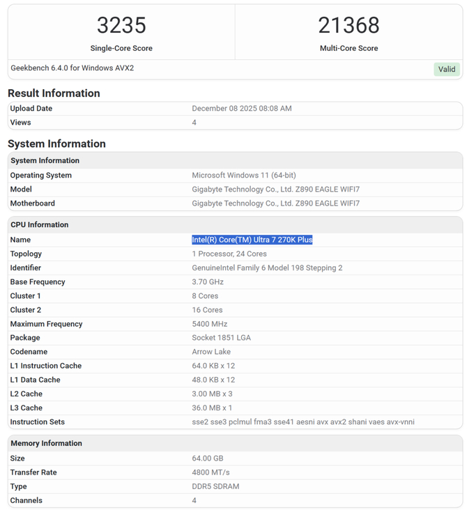 Intel Core Ultra 7 270K Plus doczekał się testu w programie Geekbench. Nowy układ nieznacznie wyprzedza model 265K [2]