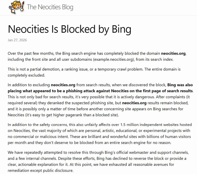Microsoft Bing zablokował 1,5 miliona stron Neocities. Twórca platformy bezradny wobec systemu automatycznej obsługi [2]