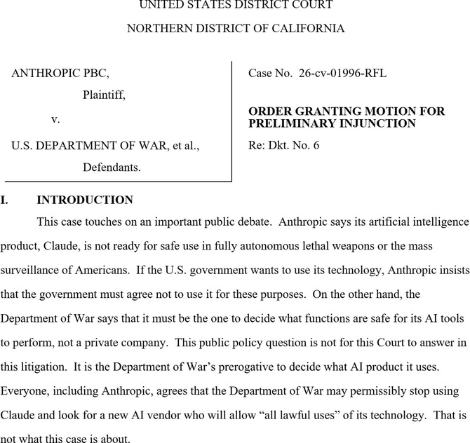 Pentagon chciał złamać Anthropic jednym ruchem wpisując firmę na czarną listę. Sąd właśnie wybił mu ten argument z ręki [2]