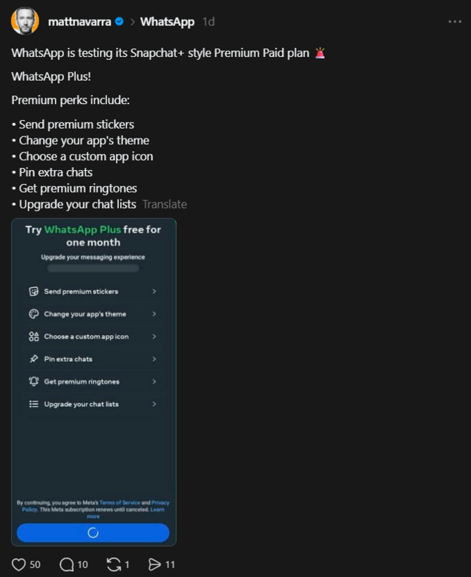 WhatsApp Plus - testowa subskrypcja dla komunikatora od firmy Meta. Sprawdź, co wprowadza i ile kosztuje [2]