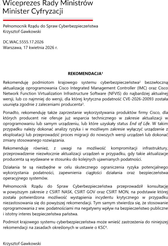 Cisco IMC i NFVIS z krytyczną podatnością. Polska administracja zaleca natychmiastowy update lub wyłączenie sprzętu [2]