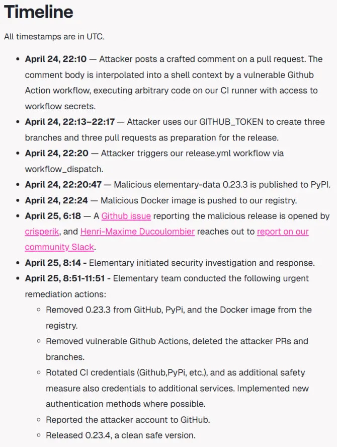 Złośliwe wydanie elementary-data trafiło do PyPI. Błąd w GitHub Actions otworzył drogę do kradzieży tokenów i kluczy [2]