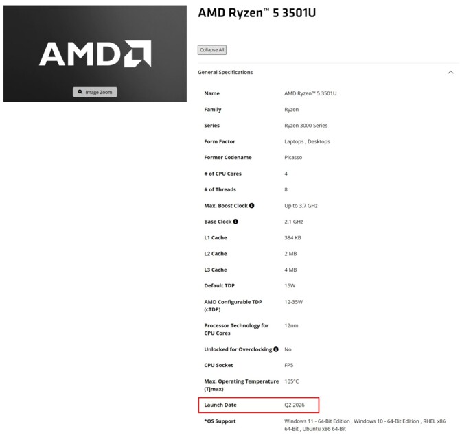 AMD wprowadza do oferty procesor Ryzen 3 3100U dla laptopów z 2026 roku. To klasyczna rezurekcja starej architektury Zen+ [3]