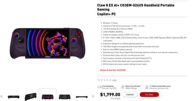 MSI Claw 8 EX AI+ CG3EM - Poznaliśmy finalną cenę handheldu z Intel ARC G3 Extreme. To będzie jedna z najdroższych konsol [nc1]