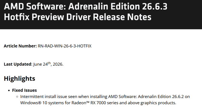 Firma AMD wydała hotflix Adrenalin 26.6.3 dla posiadaczy kart Radeon RX wraz z zainstalowanym systemem Windows 10 [2]
